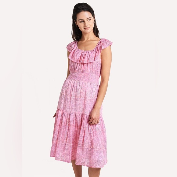 Oliphant Ruffle Neck Midi Dress pebble lilac coral print pink flounce - Picture 1 of 11